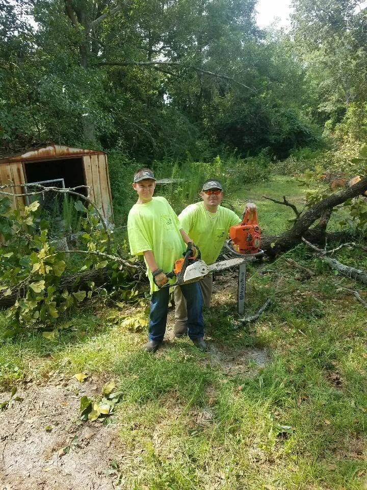 A&D two workers hi vis green shirts stihl chainsaws rust