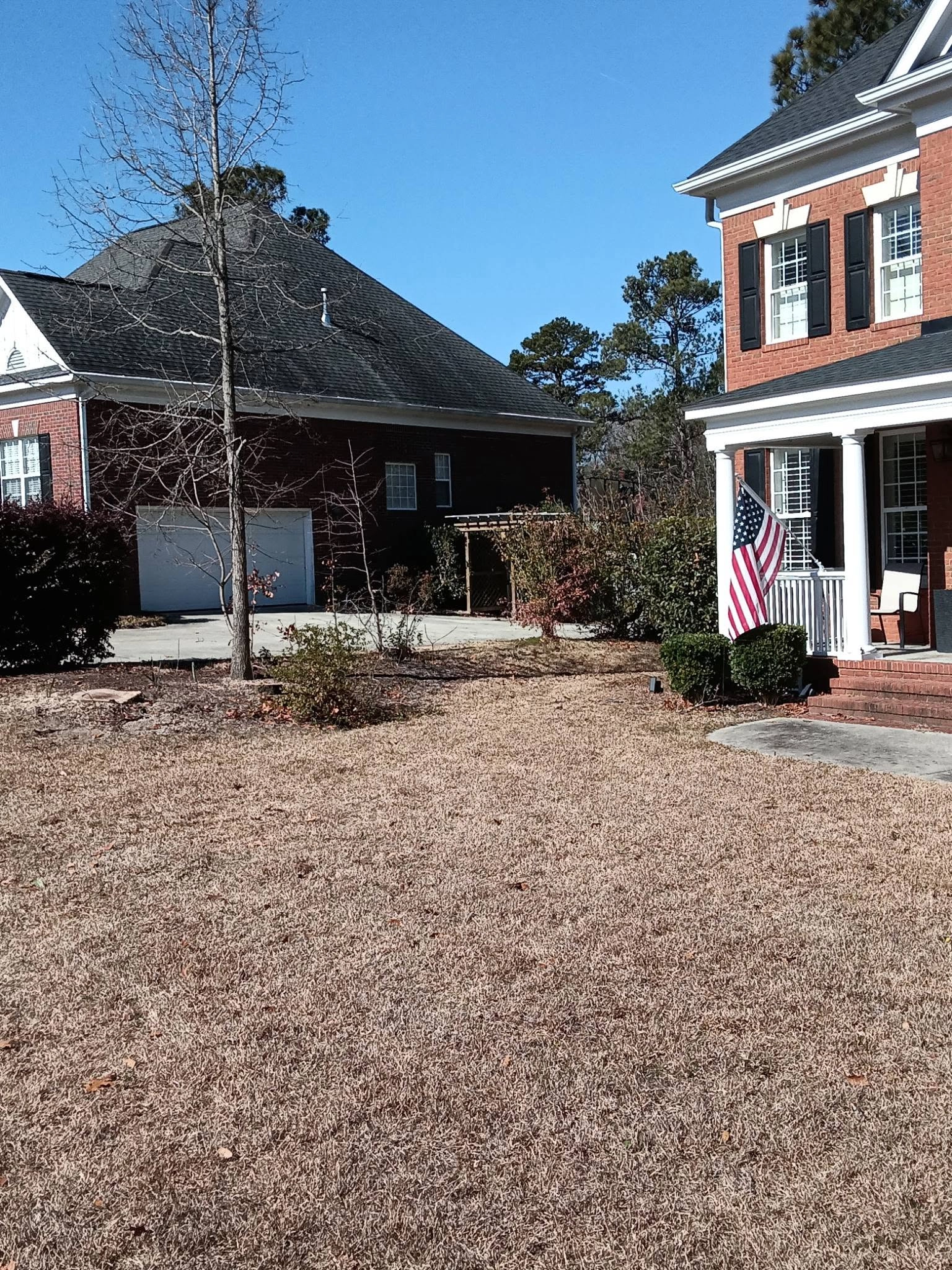 Bare tree dormant lawn brick two story american flag porch c