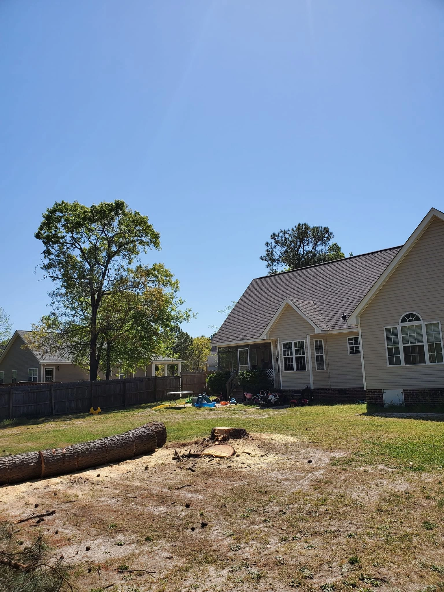Felled pine log low stump backyard tan siding house cayce sc