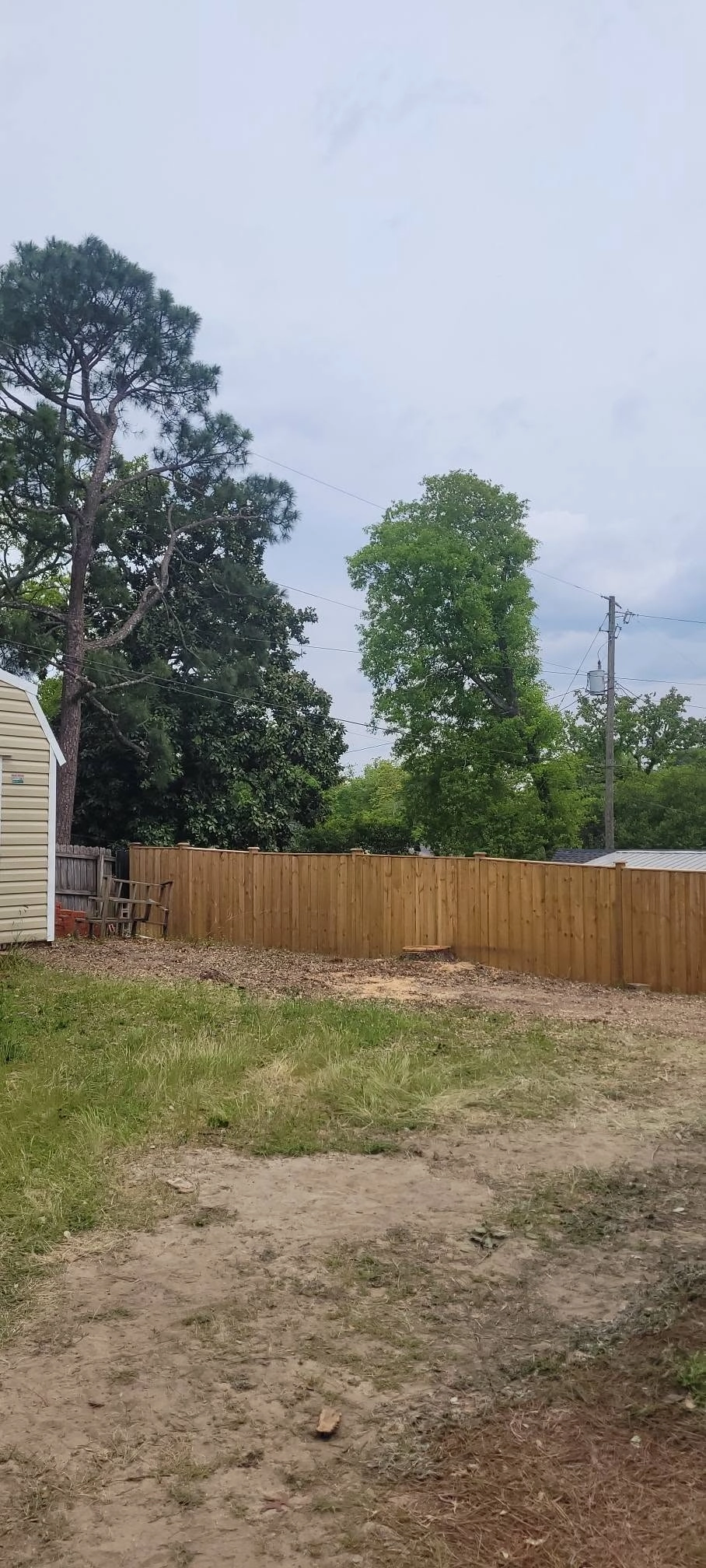 Low cut stump new wood privacy fence backyard storage shed w