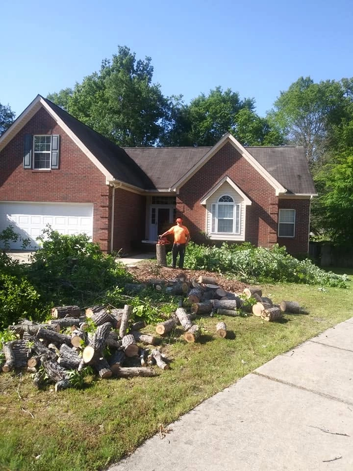 Orange shirt worker cut log rounds front yard brick house ca