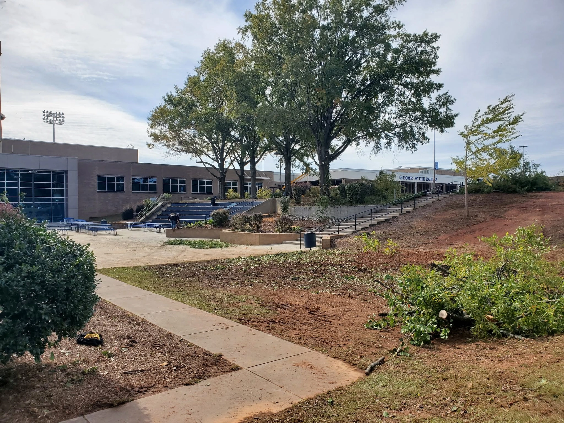 School courtyard cut limbs red clay slope sidewalk brick bui