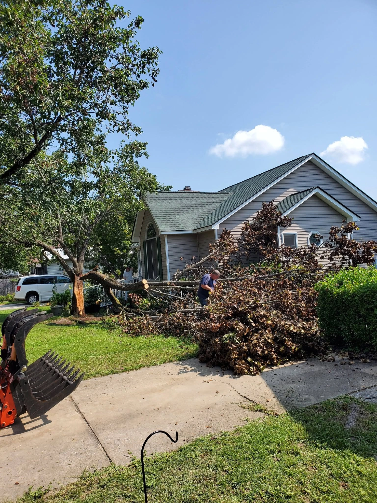 Split tree trunk fallen limb driveway orange grapple rake ca