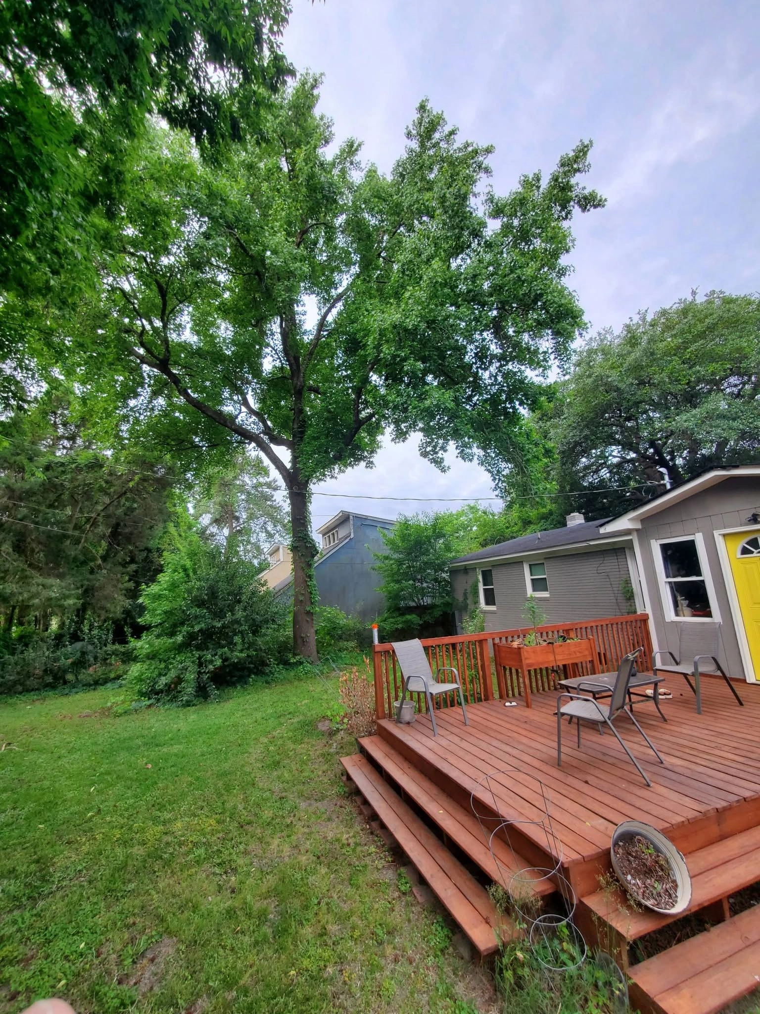 Tall hardwood over cedar deck yellow door backyard cayce sc