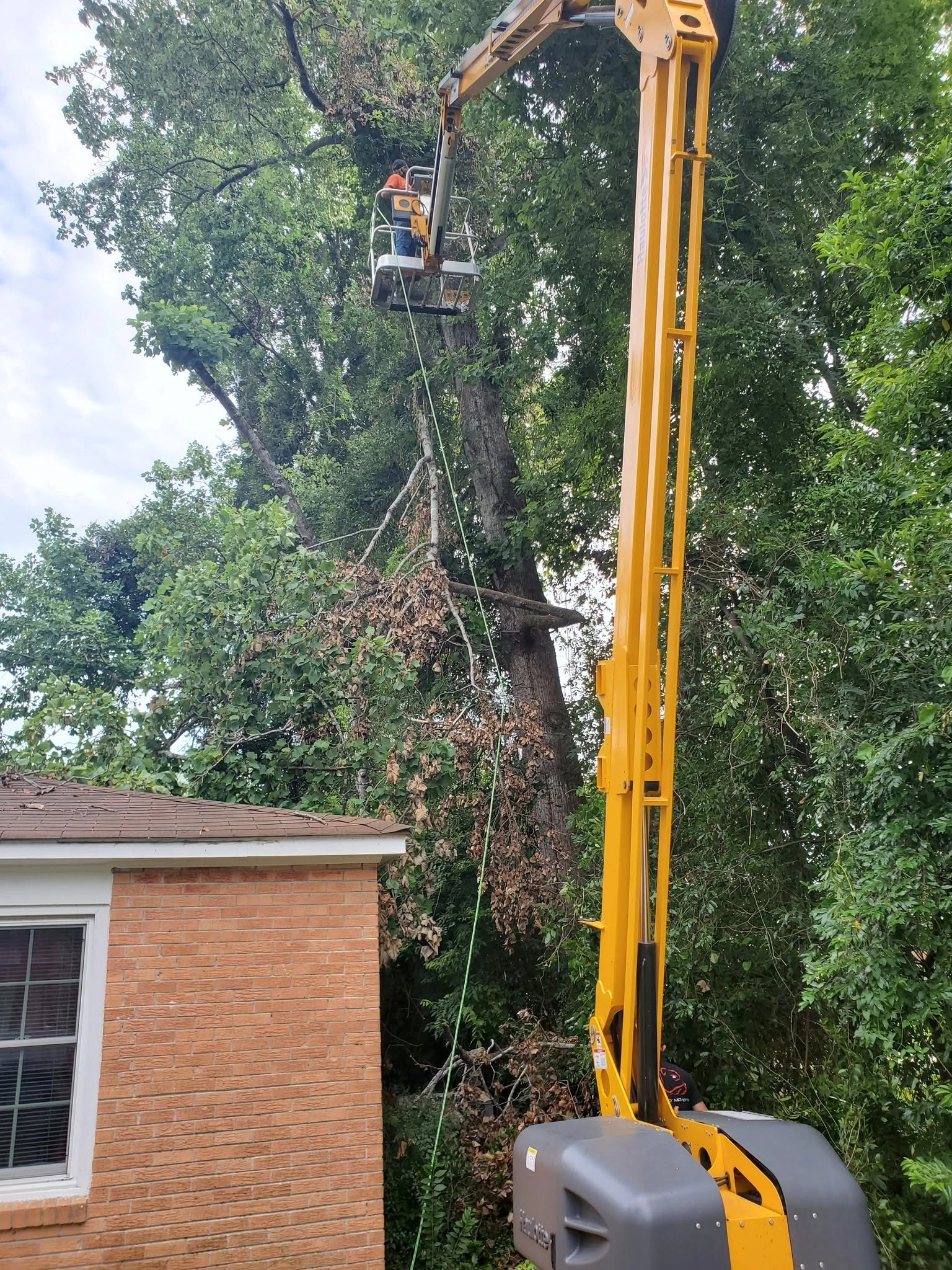 Yellow aerial lift worker basket limb lowering brick house c