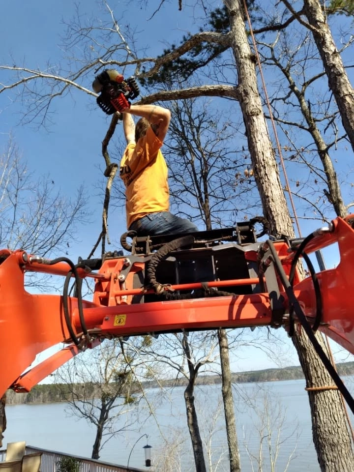 Yellow shirt worker chainsaw overhead kubota loader lakefron